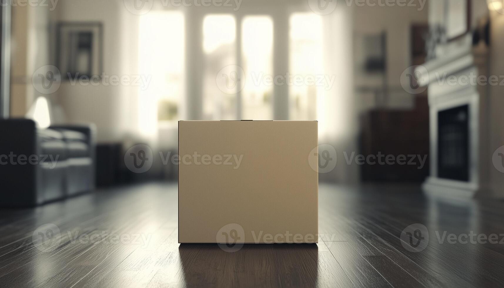 Big box brown cartoon packaging delivery in floor blurred interior room photo