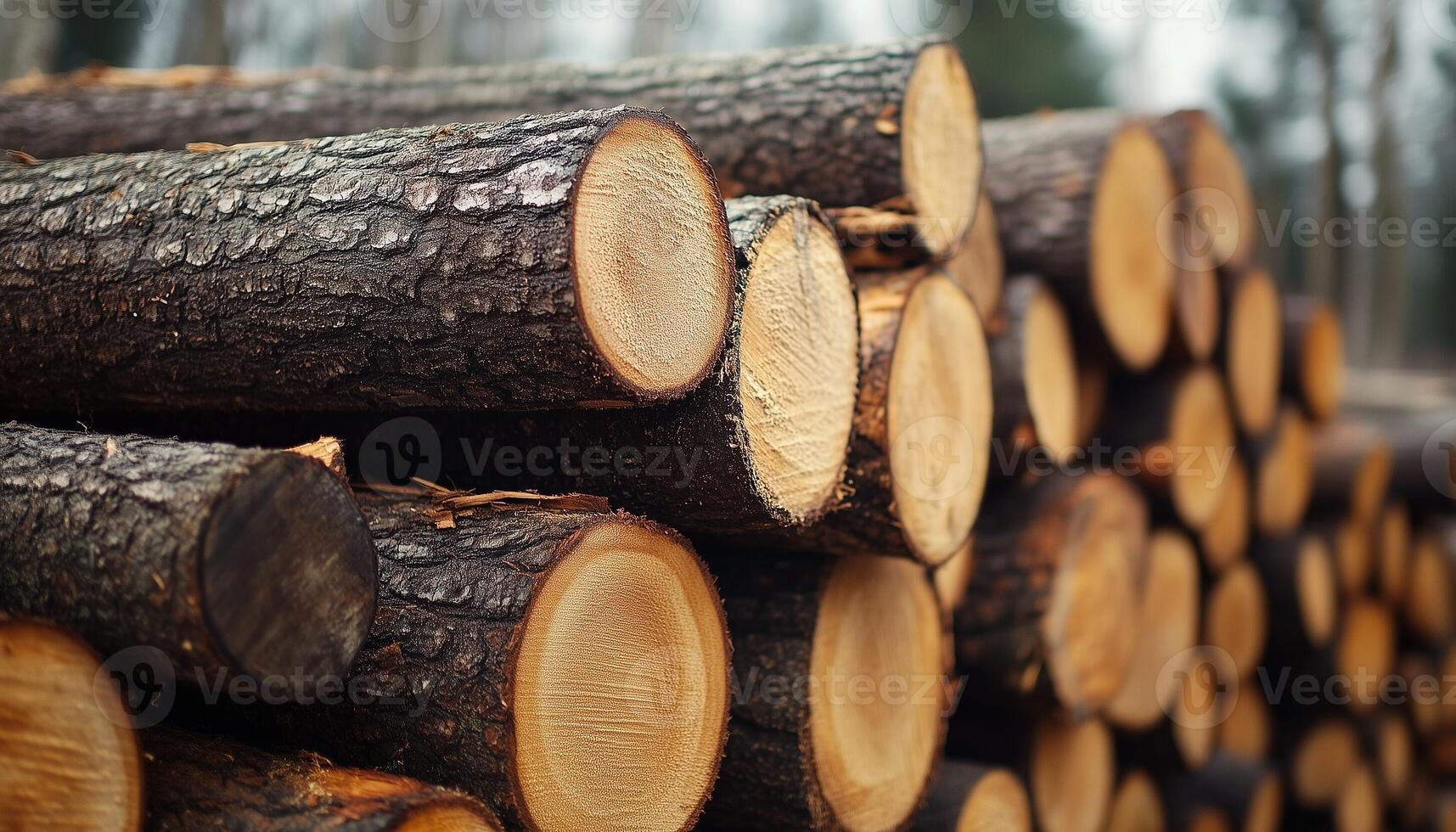 Pile cut log lumber sawn tree from replanted forests misty lust green environment photo