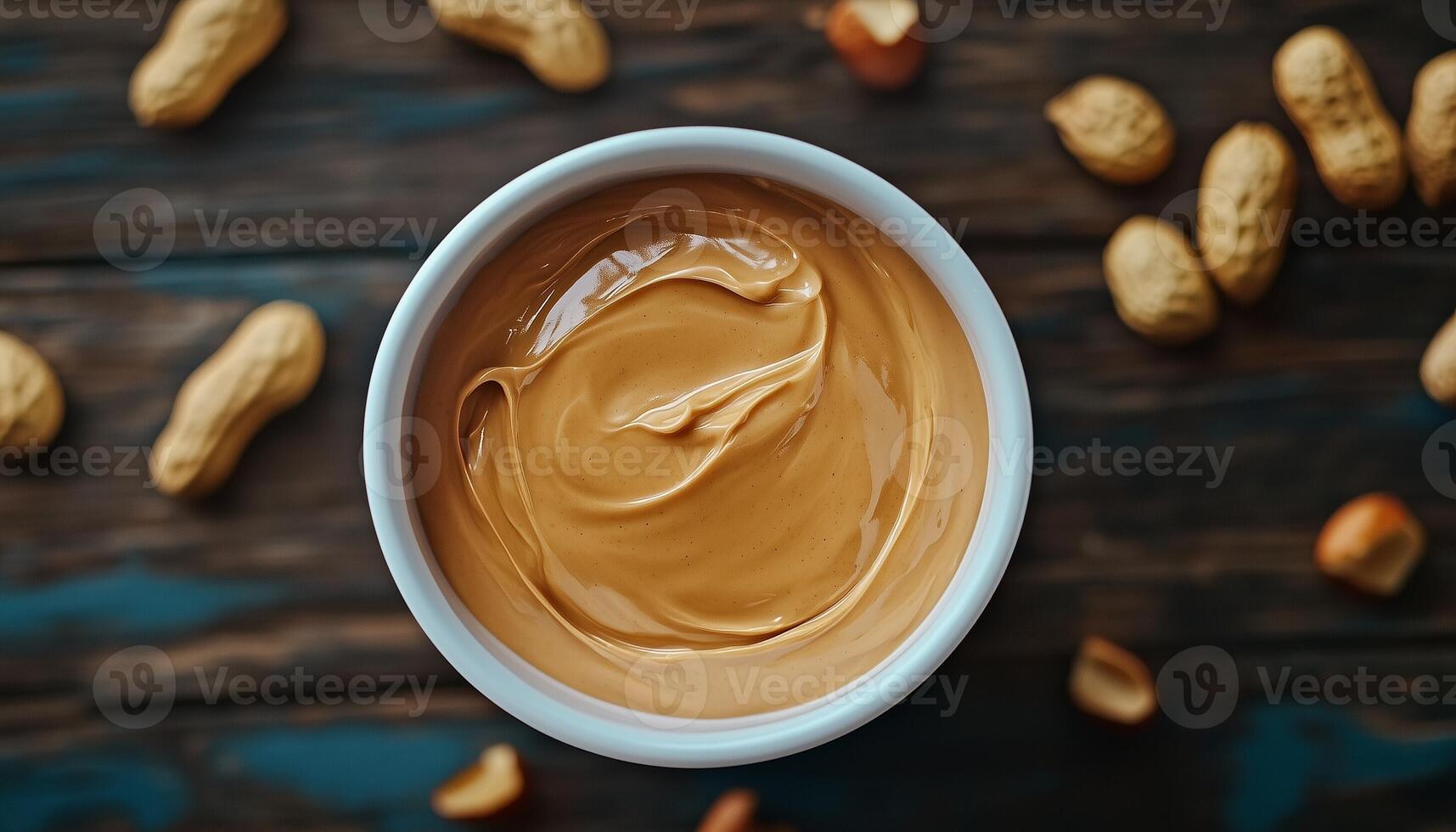 Peanut butter energy caramel crunchy on white bowl with wooden background photo