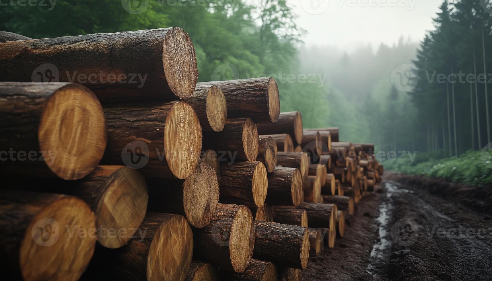 Stacked log chunks tree cutting by carpenter from forest plantations return photo
