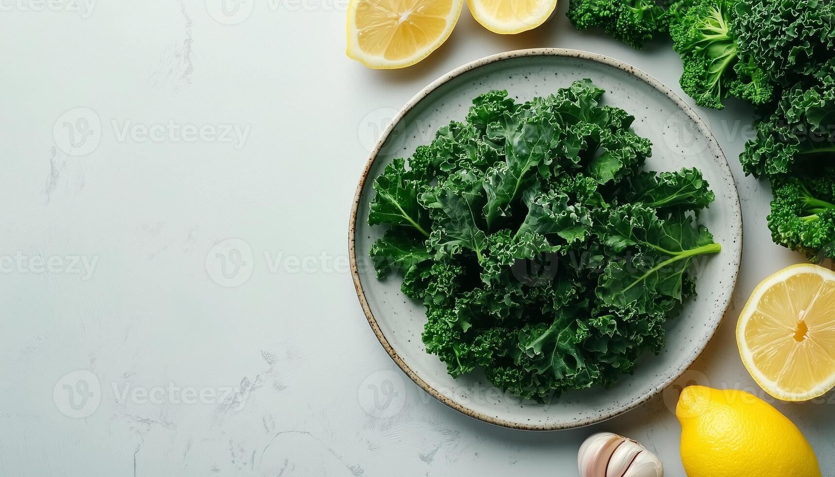 Vegetable kale, broccoli and lemon simple real food homemade copy space background photo