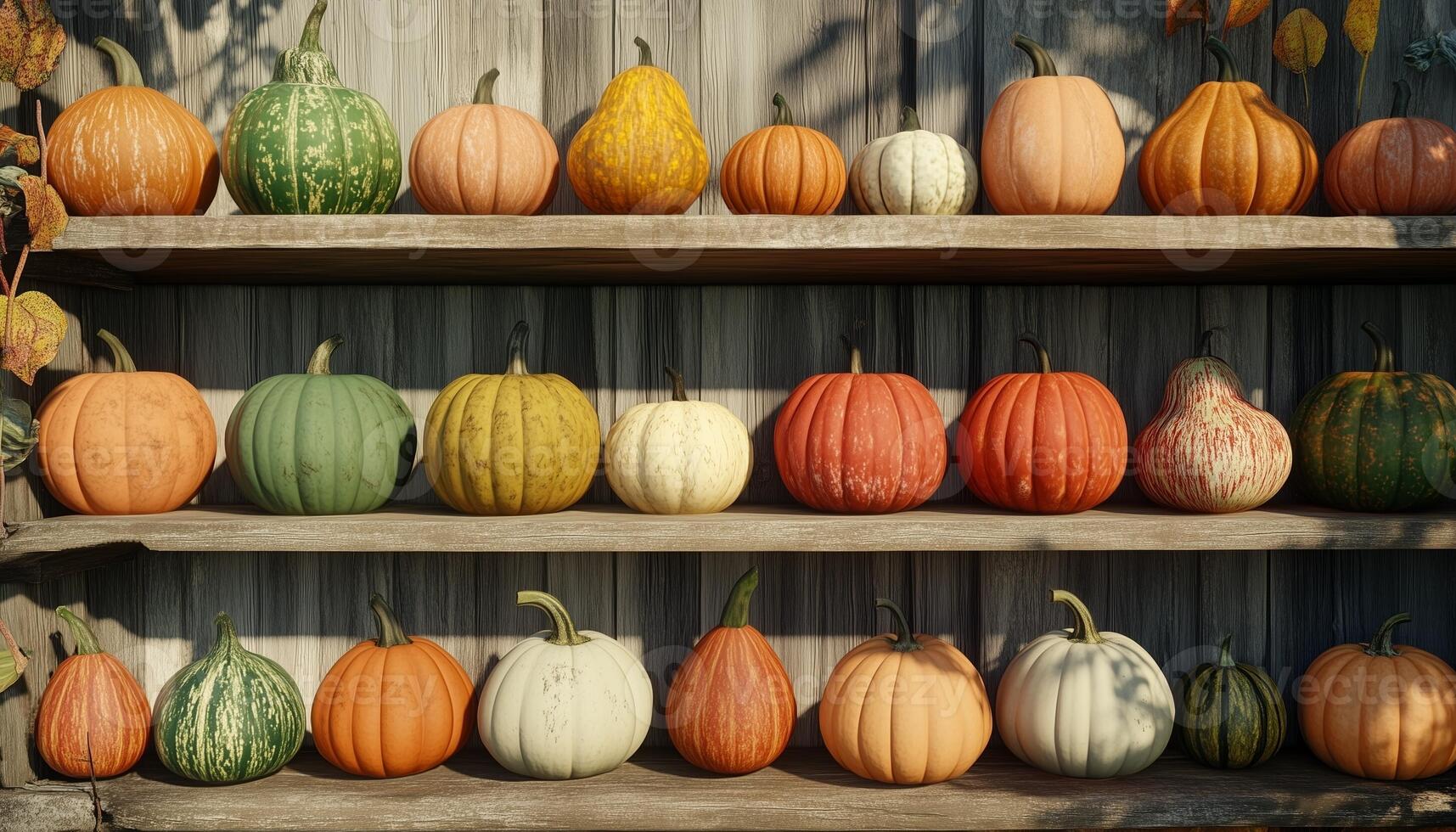 Various pumpkins variety arranged on wooden rack in market or farmer photo