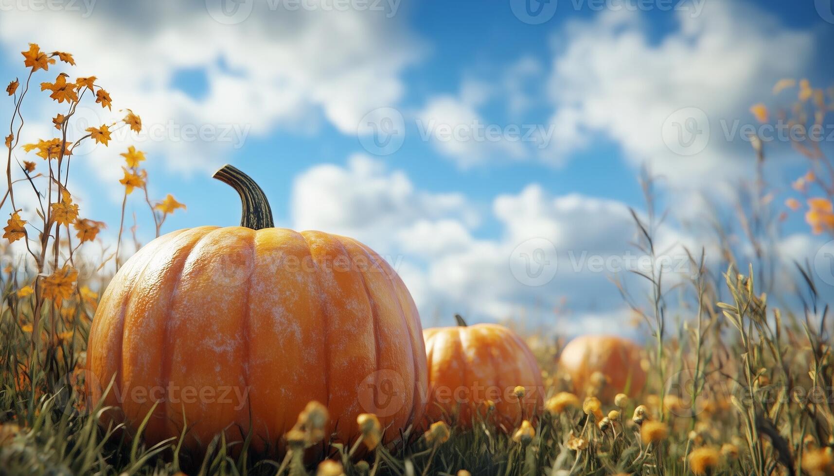 Pumpkin field and blue sky, in grass and soil with blue sky photo