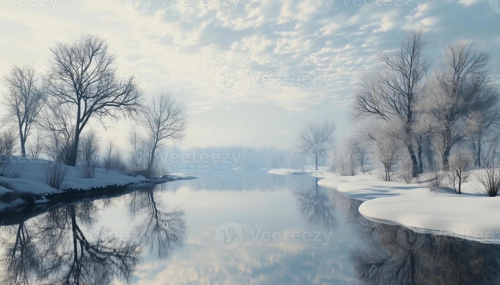 Winter landscape bright sky with river and trees covered by snow photo