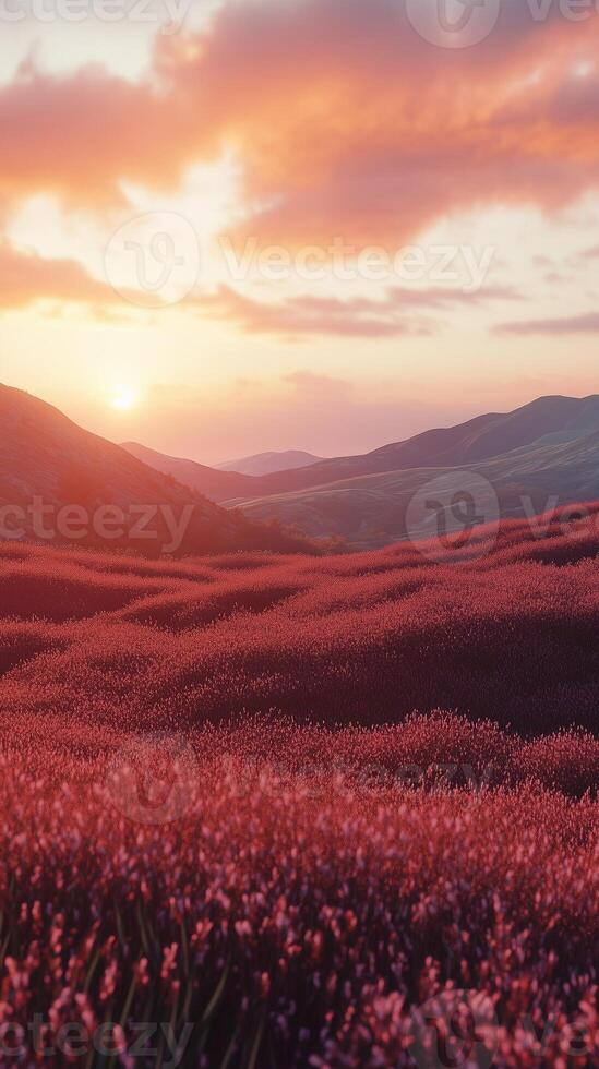 Red grass on hill and sunset sky view with clouds nature environment photo