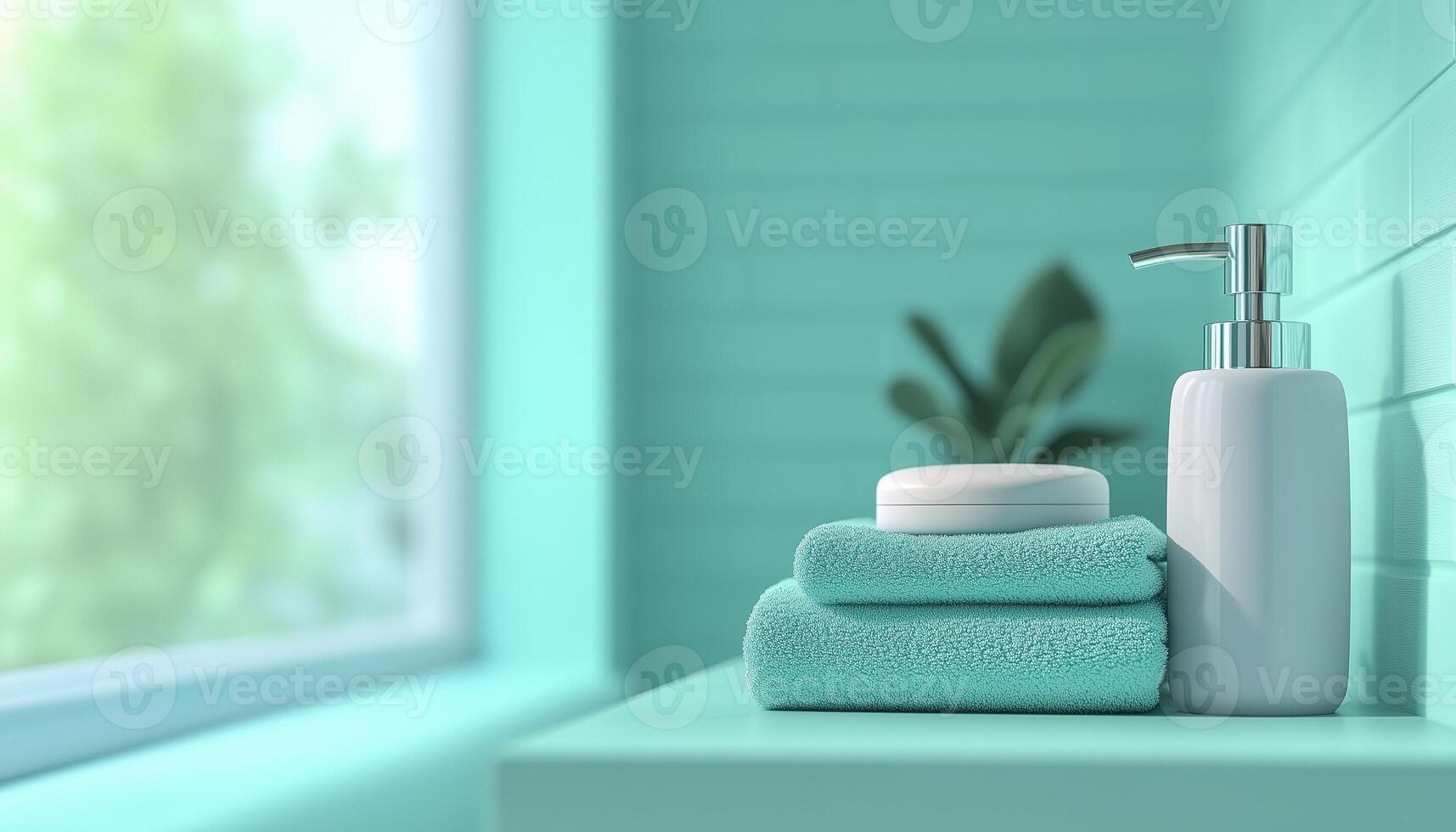 Soap spa, towel, bottle liquid in table and glass window, blue color tone, cleansing beauty treatment photo