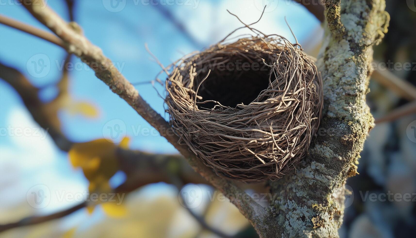 twig animal nest in tree new born house habitat with blue sky blurred background photo