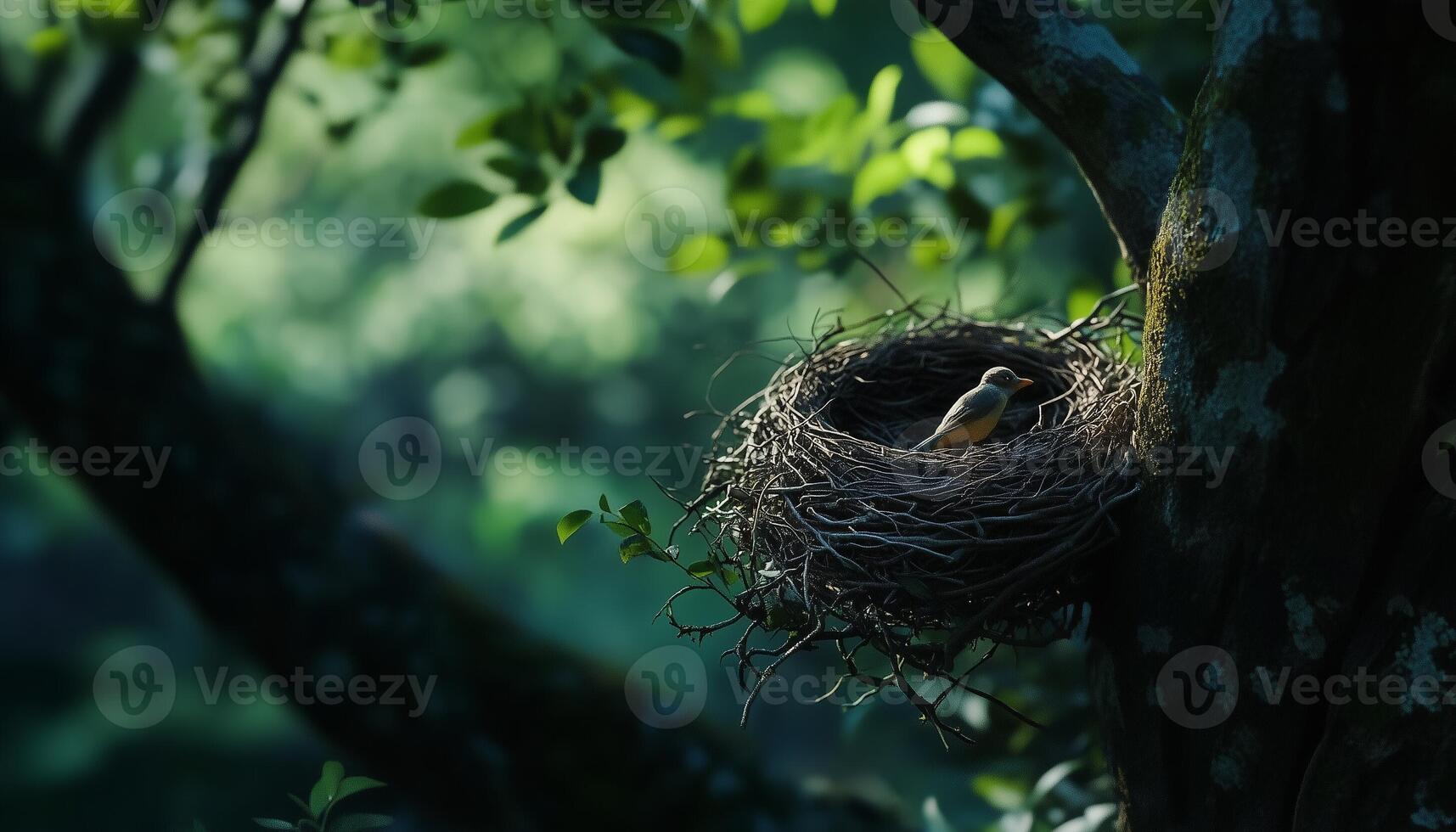 twig animal nest in tree new born house habitat with deep forest blurred background photo