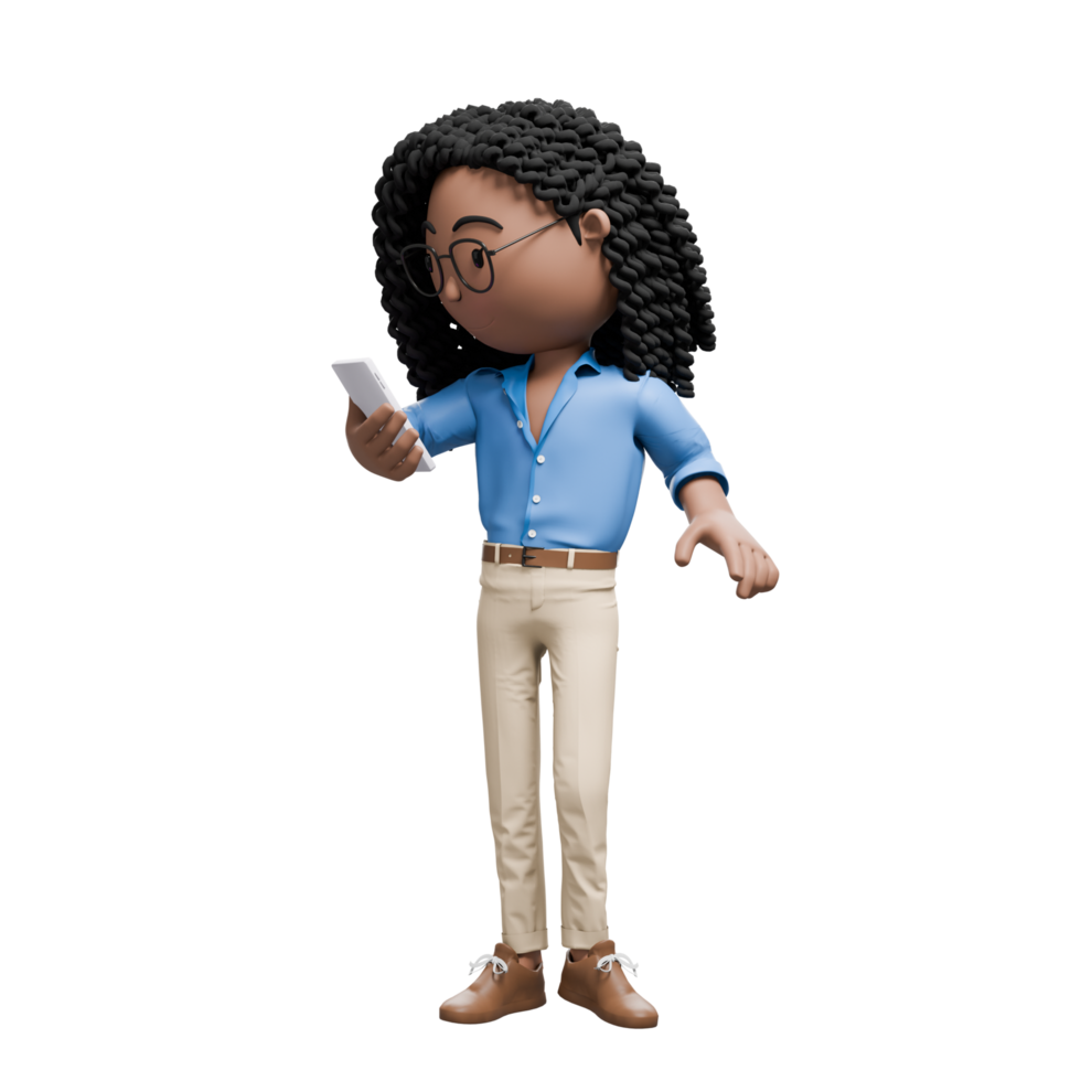A cartoon character businesswoman with curly hair and glasses, checking their smartphone while standing. png