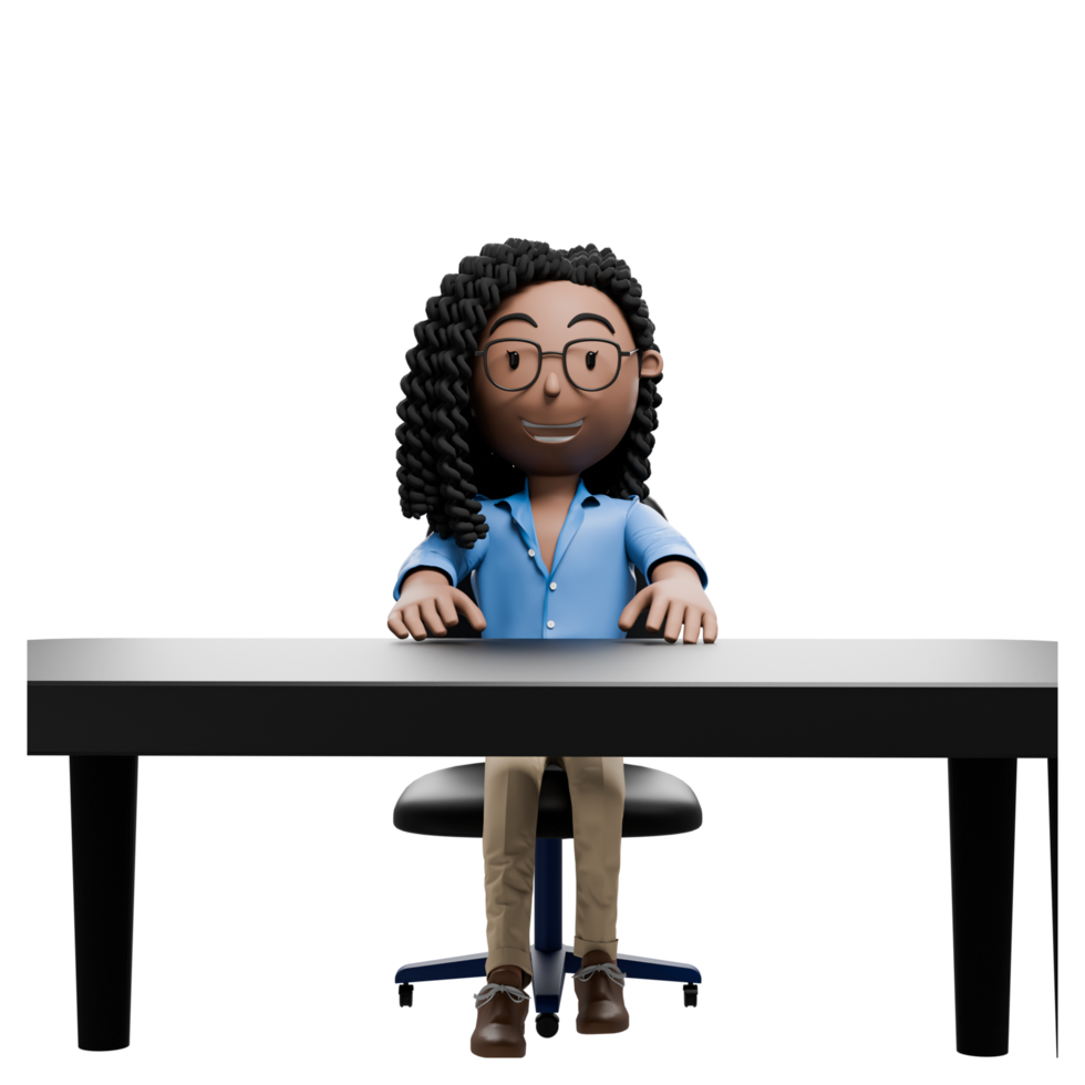 A cartoon businesswoman with curly hair and glasses, sitting at a desk with hands on the table, smiling confidently. png
