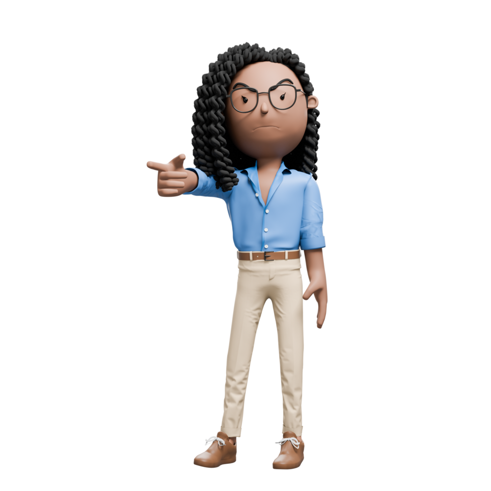 A cartoon character businesswoman with curly hair and glasses, wearing a blue shirt, pointing forward with a serious expression. png