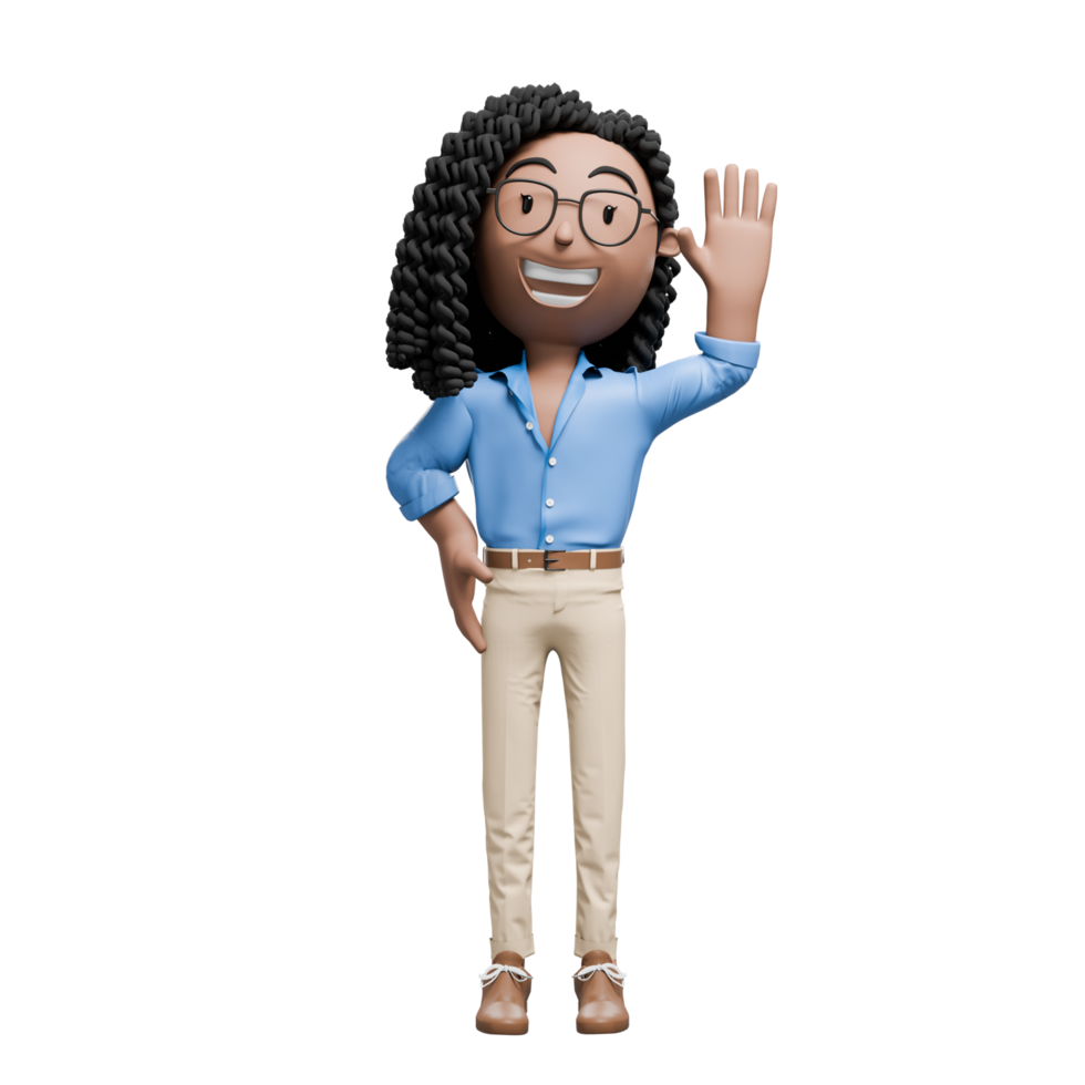 A cartoon businesswoman with curly hair and glasses, smiling and waving with one hand, wearing a blue shirt. png