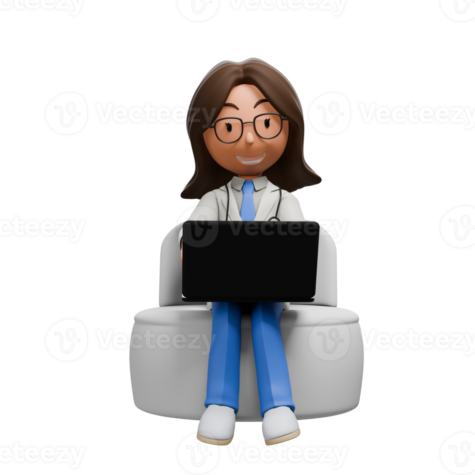 A 3D cartoon woman doctor wearing glasses, a white coat, and blue scrubs, sitting on a couch with a laptop, working and smiling. png