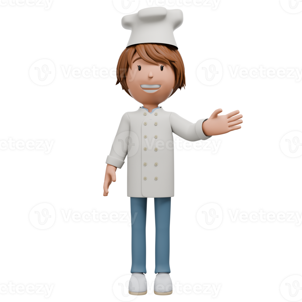 A 3D cartoon chef character smiling and waving in a friendly greeting. He is dressed in a white chef's uniform and hat, showcasing a welcoming gesture. png