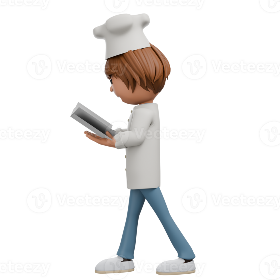 A side view of a 3D cartoon chef character, holding a menu and appearing to read it carefully. The chef wears the classic white uniform and hat, embodying focus and professionalism. png