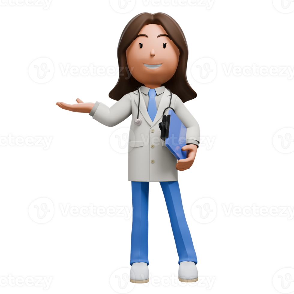 A 3D cartoon woman doctor with long brown hair, wearing a white coat and blue scrubs, holding a clipboard and gesturing with an open hand. png