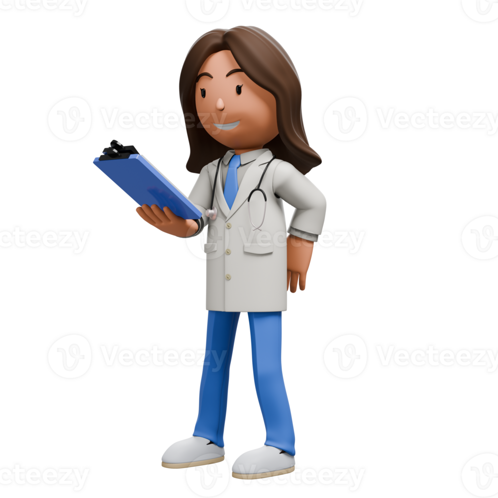 A 3D cartoon woman doctor holding a clipboard, wearing a stethoscope, white coat, and blue scrubs, smiling while reviewing notes. png
