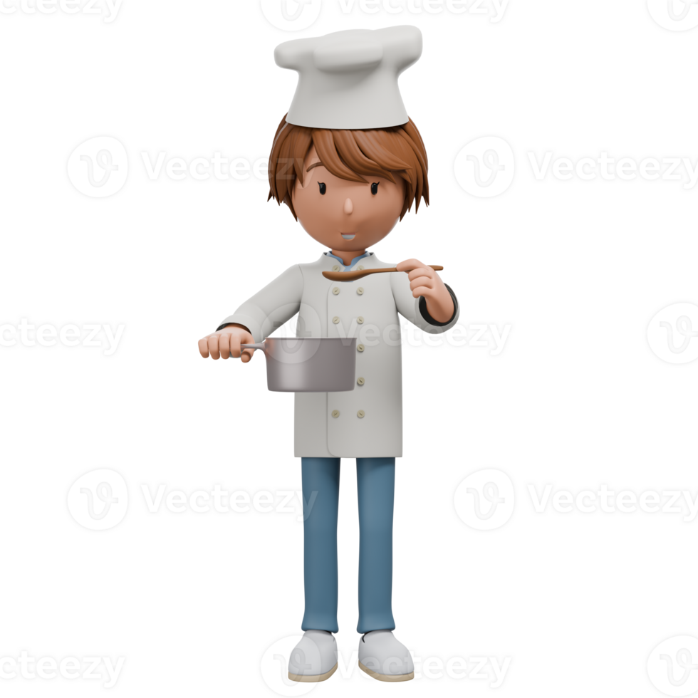 A 3D cartoon chef in a white coat tasting food from a saucepan using a wooden spoon. The chef is focused, holding the saucepan in one hand and sampling the dish. png