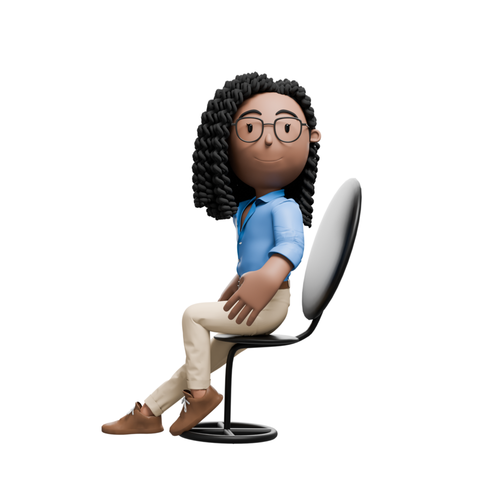 A cartoon character businesswoman with curly hair and glasses, sitting comfortably on a modern chair, smiling. png