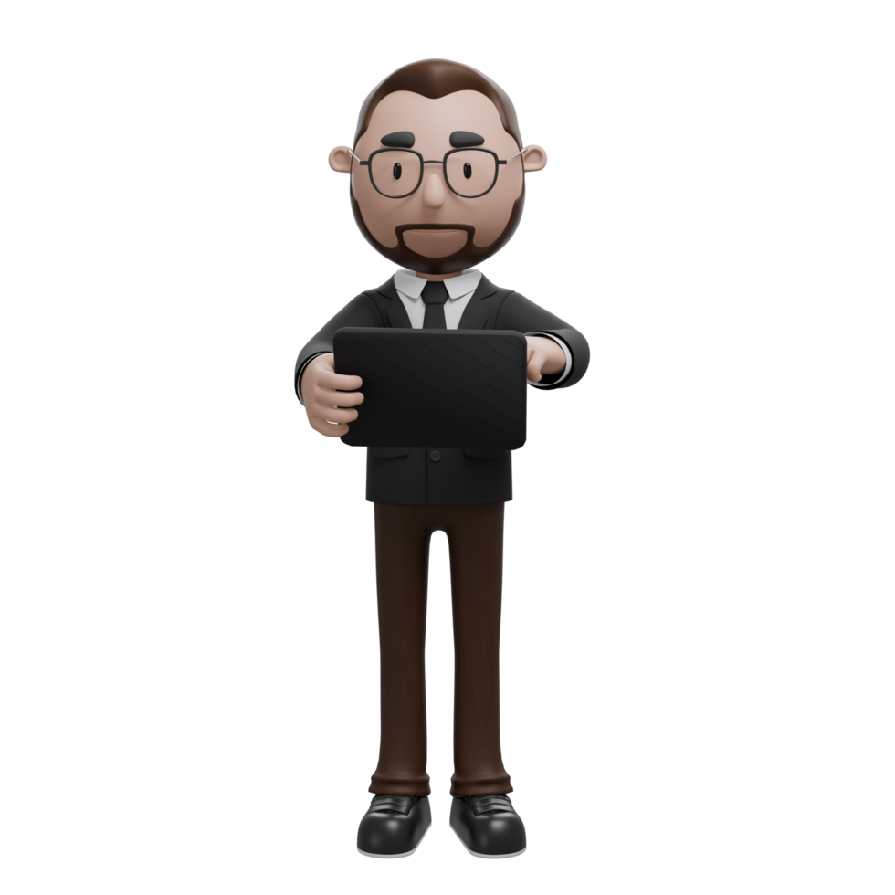 a professional character holding and interacting with a tablet, symbolizing digital technology, business operations, or modern communication in a professional setting. png