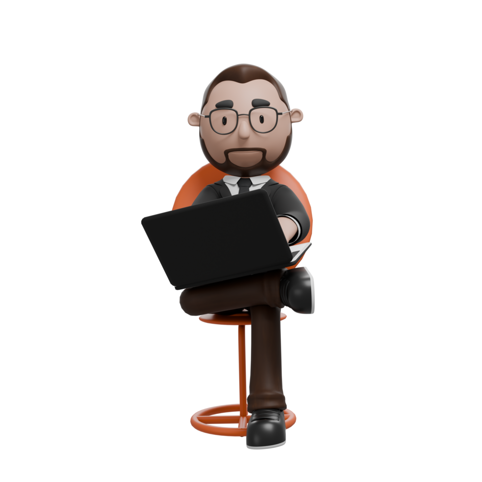 a professional character sitting on a chair with a laptop on his lap, symbolizing remote work, digital business, or productivity in a modern office environment. png