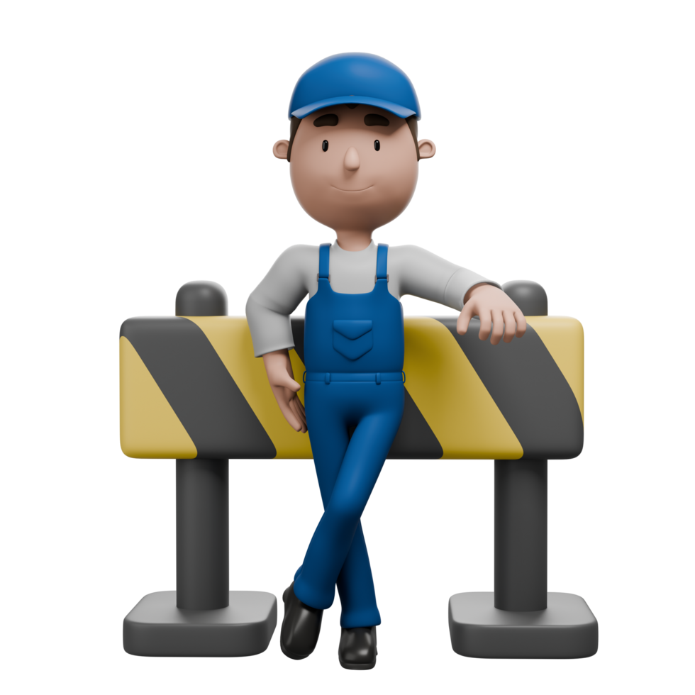 A 3D cartoon mechanic in blue overalls, casually leaning on a yellow and black construction barrier, exuding a relaxed and professional demeanor. png