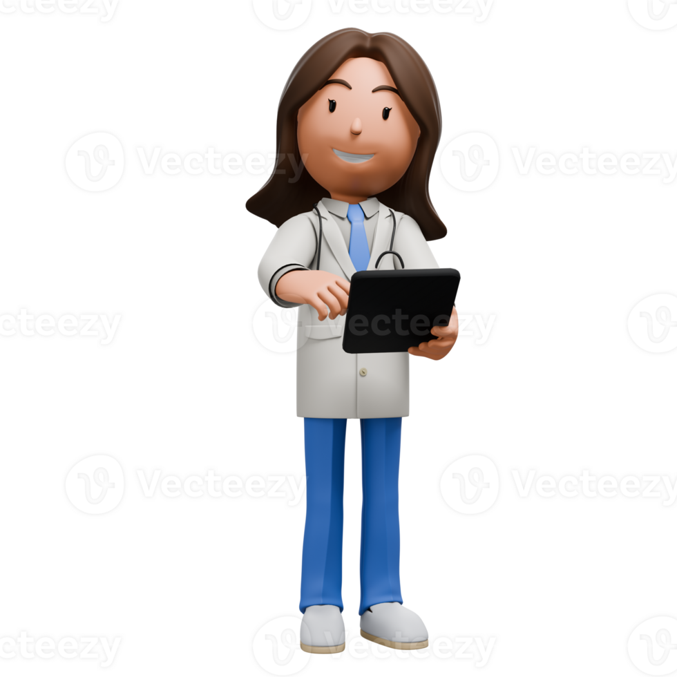 A 3D cartoon woman doctor in a white coat and blue scrubs holding a tablet, smiling as she points at something on the screen. png
