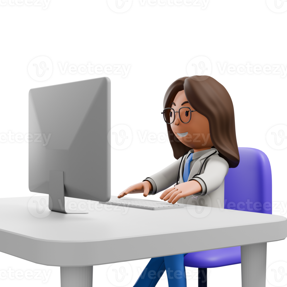A 3D cartoon woman doctor with long brown hair, glasses, and a white coat, sitting at a desk while typing on a computer with a smile. png