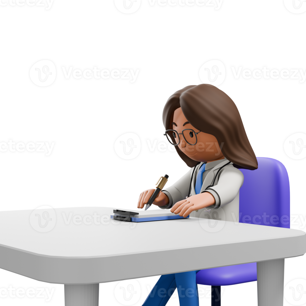 A 3D cartoon woman doctor wearing glasses, a white coat, and blue scrubs, sitting at a desk and writing notes on a clipboard. png