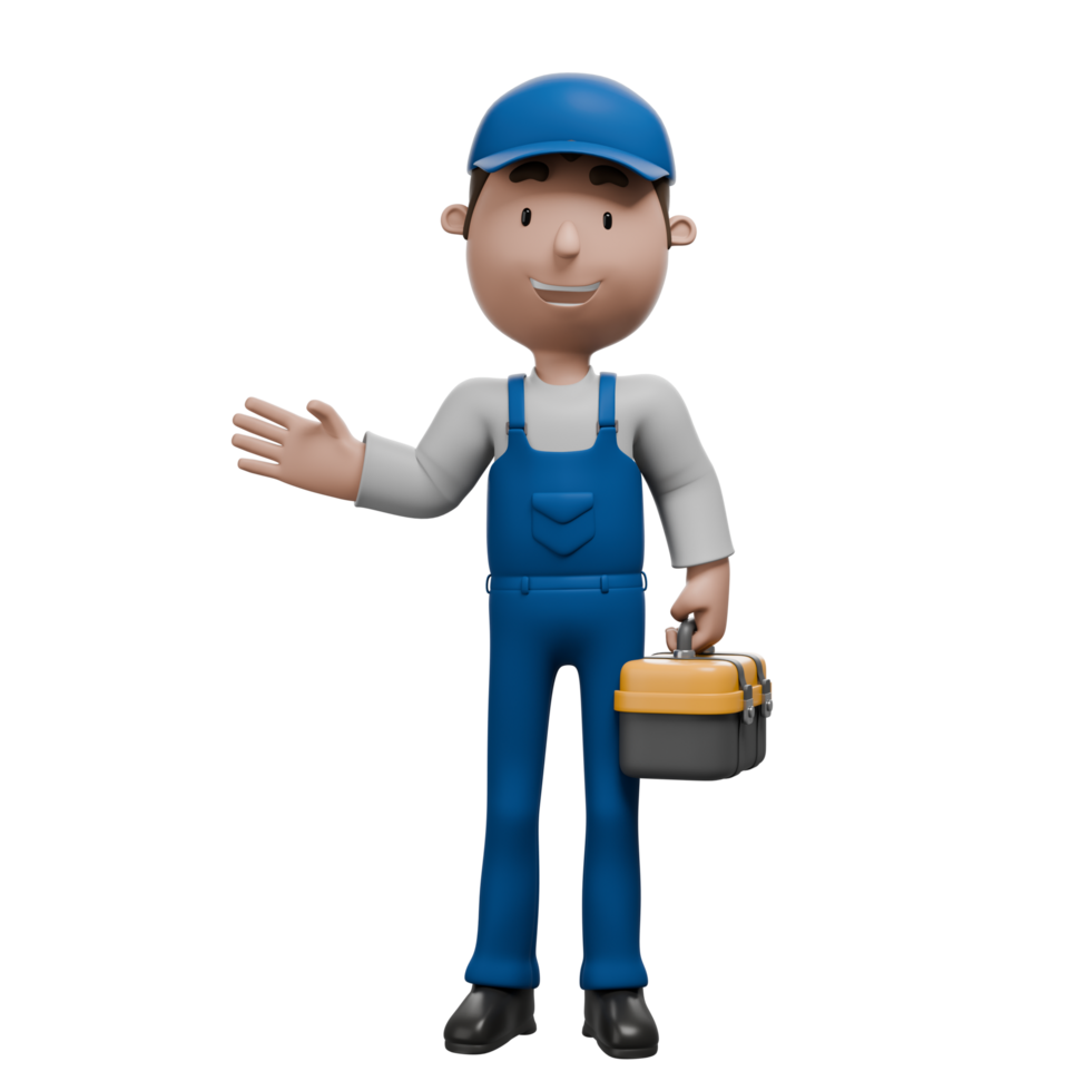 A 3D cartoon mechanic standing and waving while holding a toolbox, dressed in blue overalls and a matching cap. png