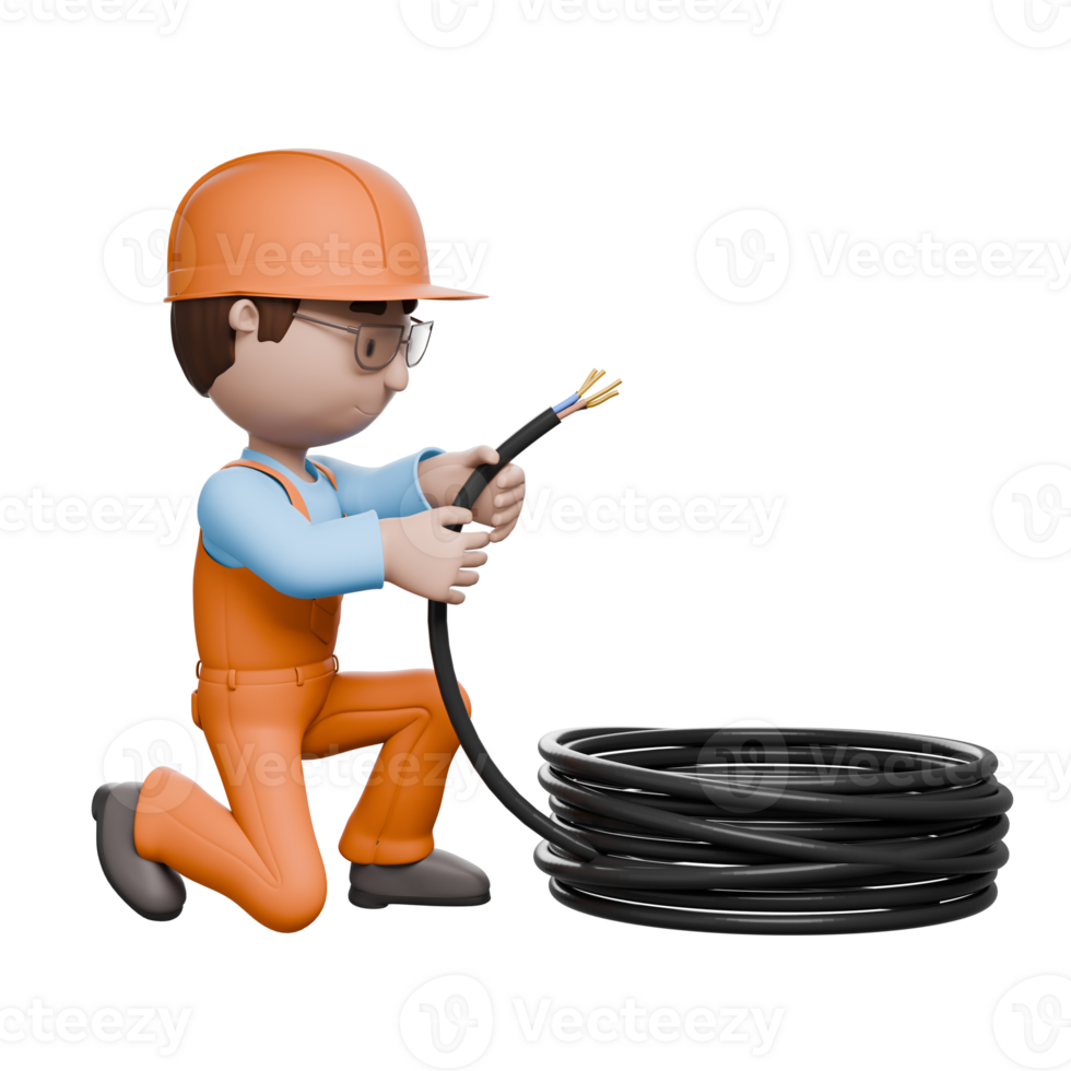 A 3D-rendered electrician kneeling, handling electrical wires, preparing them for installation, showcasing focus on accuracy and safety. png
