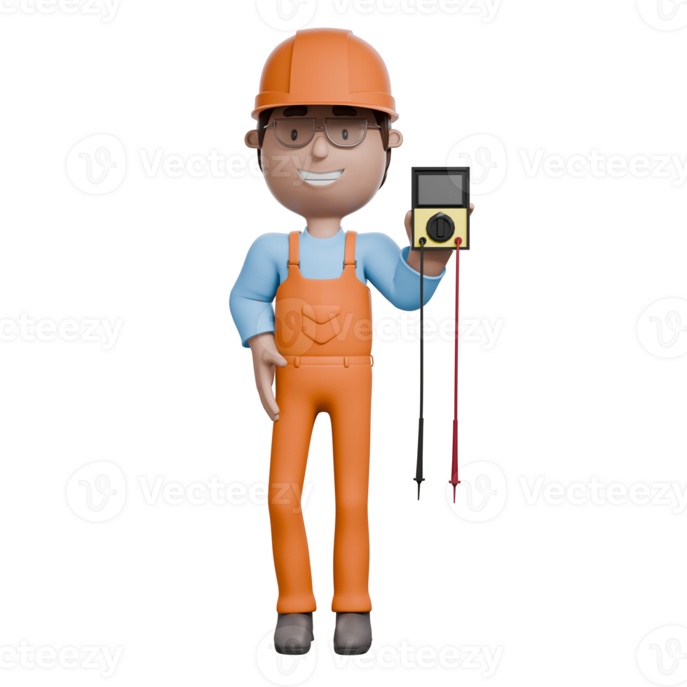 A 3D-rendered electrician holding a multimeter with a smile, ready to test and troubleshoot electrical circuits, exuding confidence and expertise. png