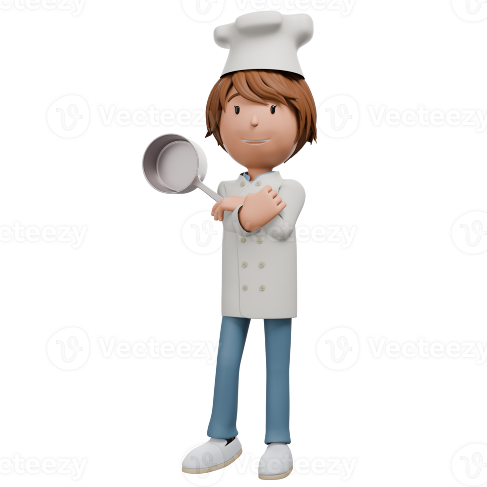 A confident 3D chef character standing with arms folded, holding a ladle in one hand. The chef is smiling and wearing a white uniform and chef hat, expressing leadership in the kitchen. png