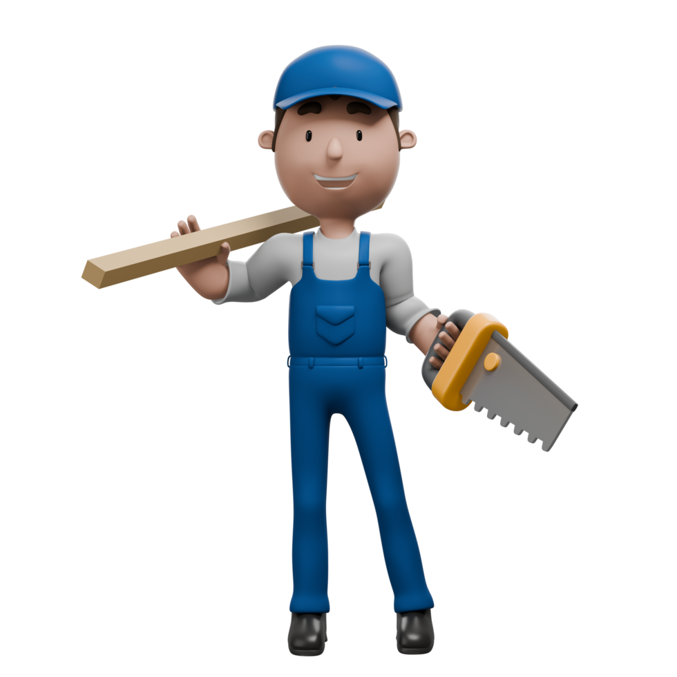 A 3D cartoon mechanic holding a saw in one hand and a wooden plank in the other, wearing blue overalls and smiling confidently. png