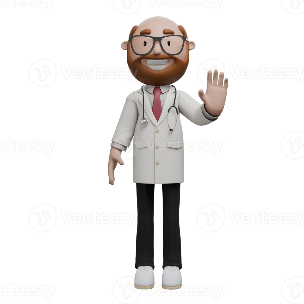 A friendly, cartoon doctor waving his hand, dressed in a white coat with a stethoscope around his neck. png