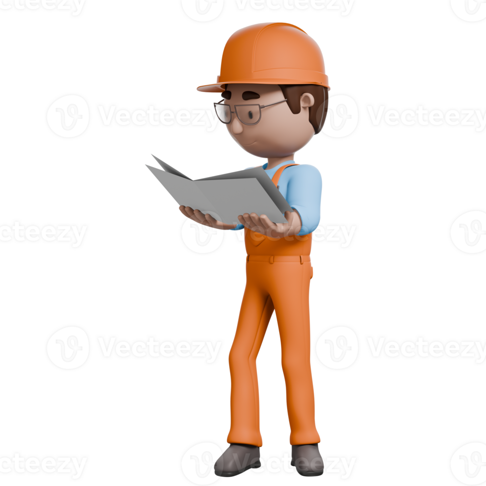 A 3D-rendered electrician in orange uniform reading a manual or schematic, concentrating on understanding the electrical diagram. png