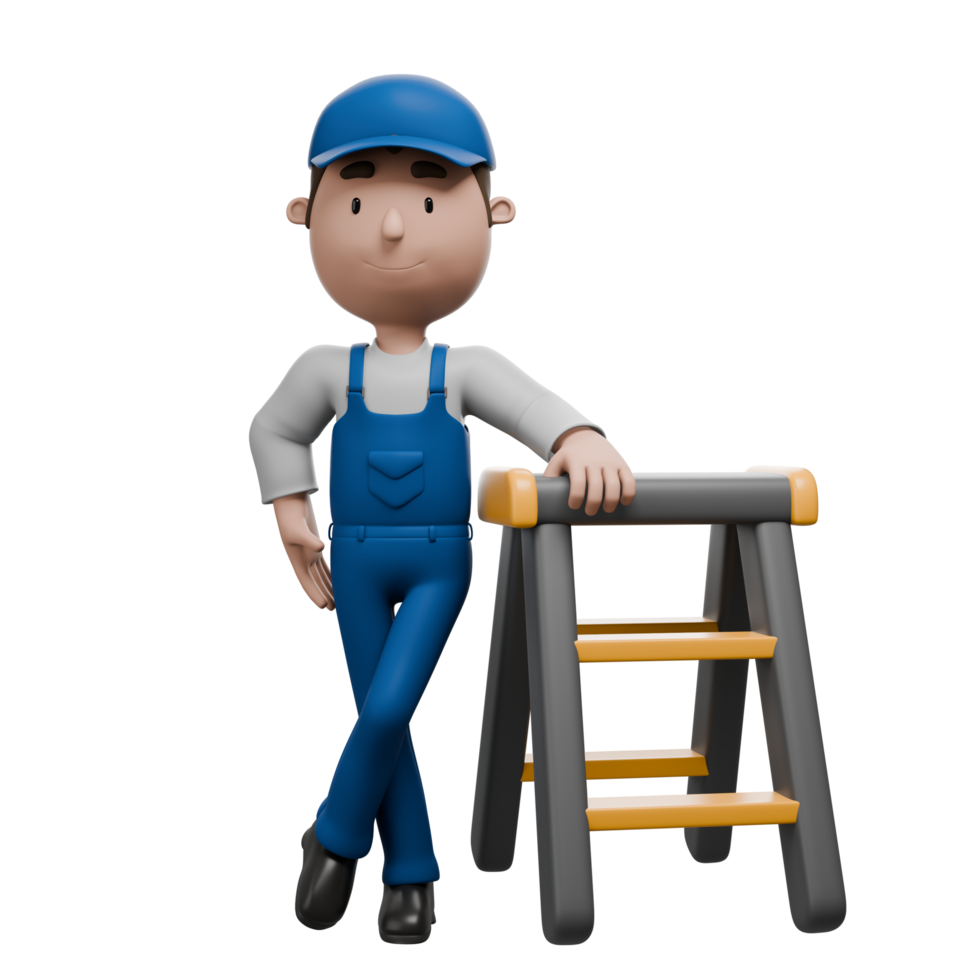 A 3D cartoon mechanic leaning on a step ladder, wearing blue overalls and a cap, giving a friendly smile. png