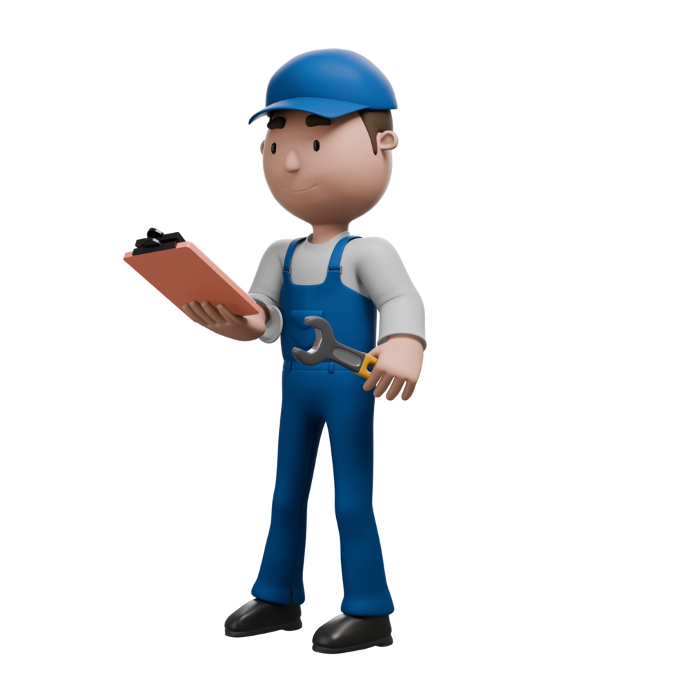 A 3D cartoon mechanic holding a clipboard and wrench, focusing on a task, dressed in blue overalls and a matching cap. png