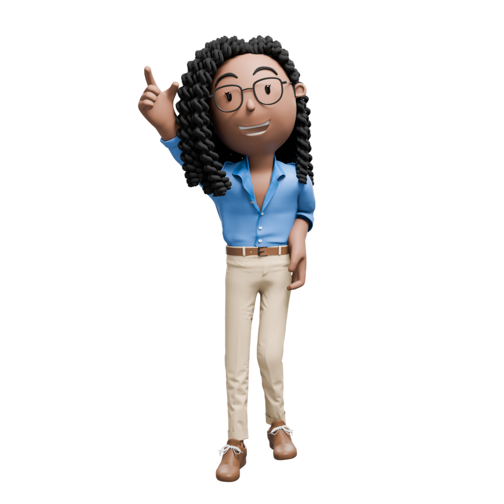 A cartoon businesswoman with curly hair and glasses, pointing upwards with a finger, symbolizing a moment of inspiration or an idea. png