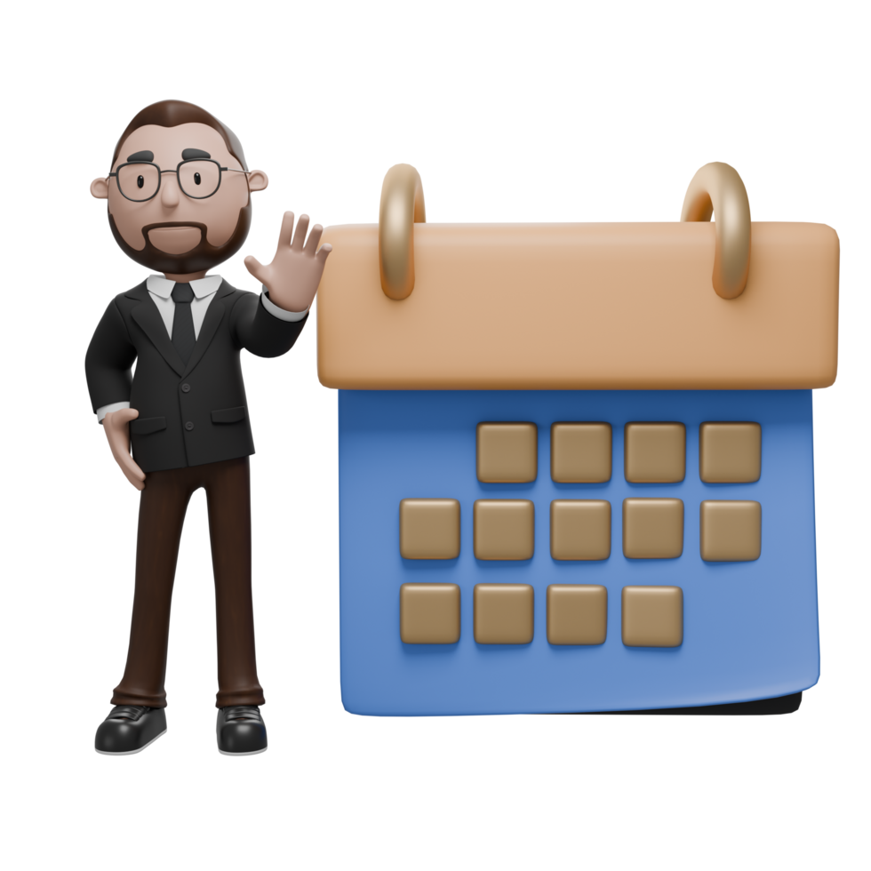 The image shows a professional character standing beside a large calendar, symbolizing scheduling, planning, time management, or organizing events. png