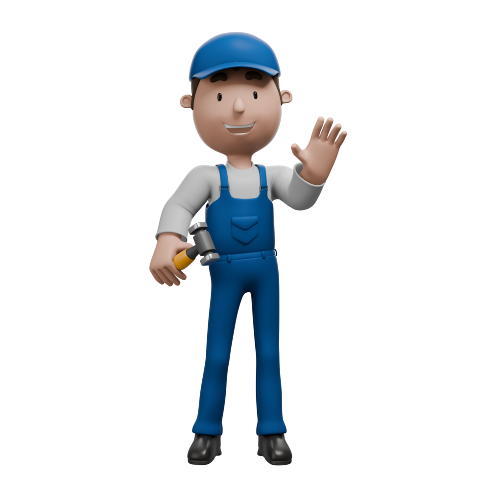 A 3D cartoon mechanic waving with one hand and holding a hammer in the other, dressed in blue overalls and smiling. png
