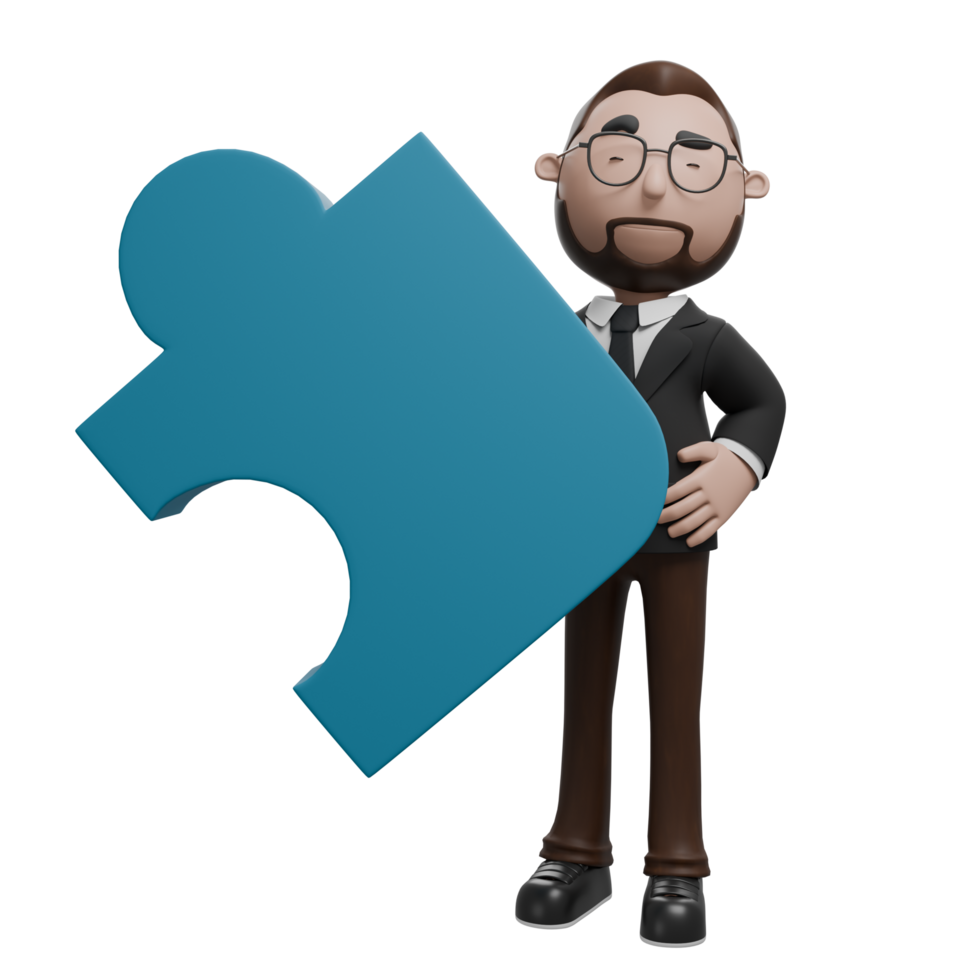 The image depicts a professional character holding a large blue puzzle piece, symbolizing problem-solving, teamwork, or finding the missing piece in a business context. png