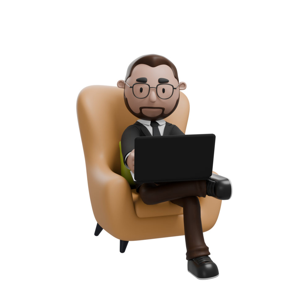 a professional character sitting comfortably in an armchair with a laptop on his lap, symbolizing a blend of relaxation and productivity, or working from a comfortable setting. png