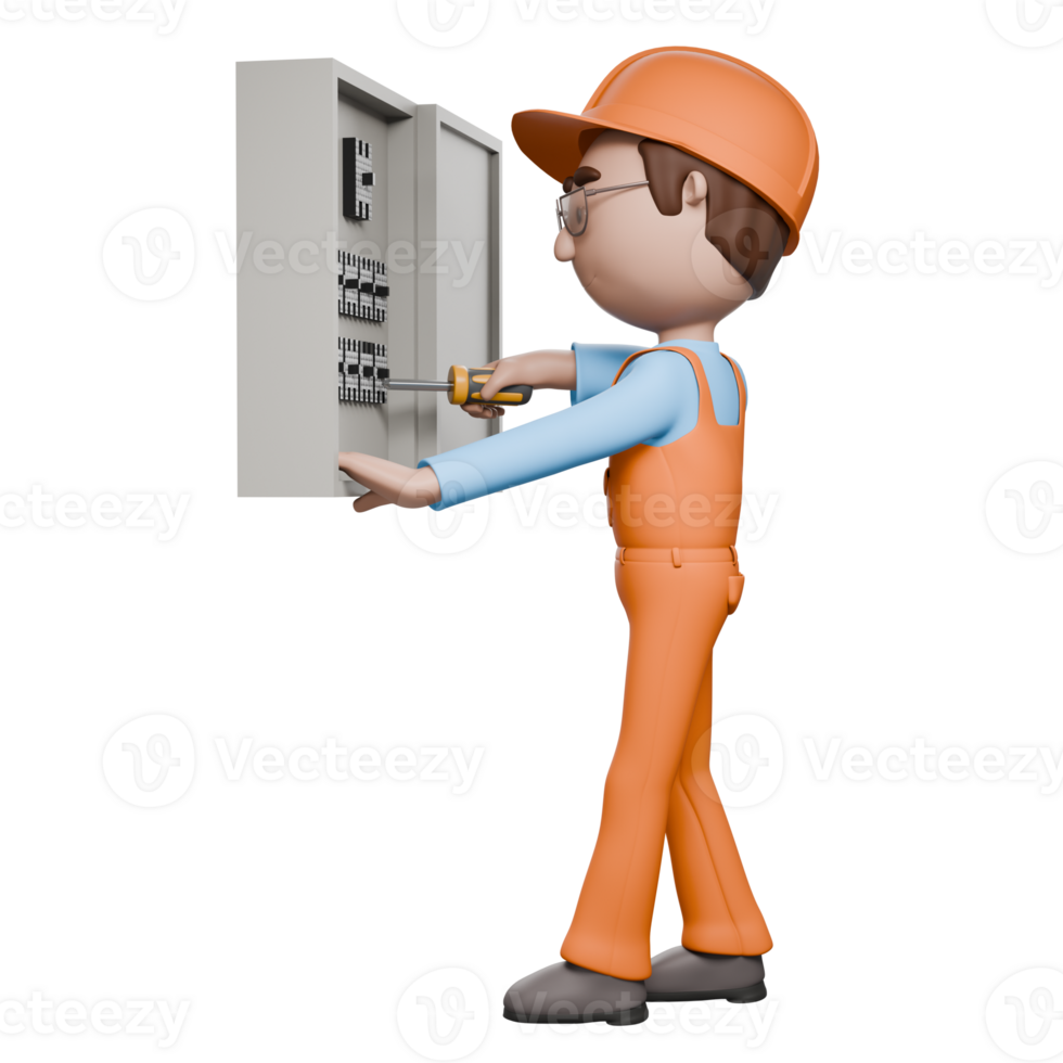 A 3D-rendered electrician in orange uniform tightening screws on an electrical panel, performing maintenance tasks with precision. png