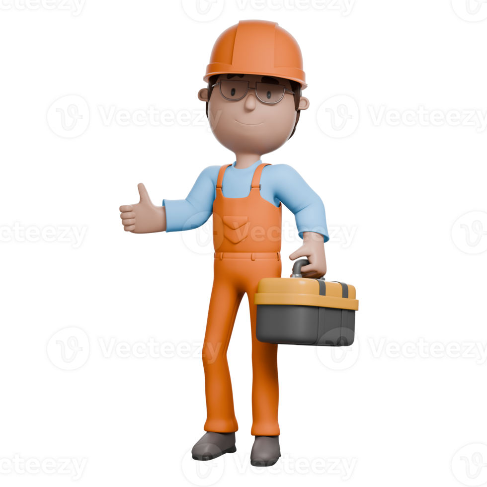 A 3D-rendered electrician giving a thumbs up while holding a toolbox, symbolizing readiness and assurance for the electrical task at hand. png