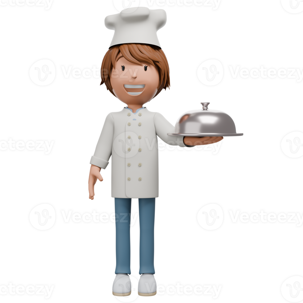 A 3D cartoon chef holding a covered serving tray in his right hand. The chef is smiling and dressed in a traditional white uniform and chef hat. The scene portrays readiness to serve. png
