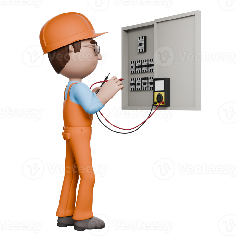 A 3D-rendered electrician in orange overalls testing voltage on an electrical panel using a multimeter, ensuring system functionality. png