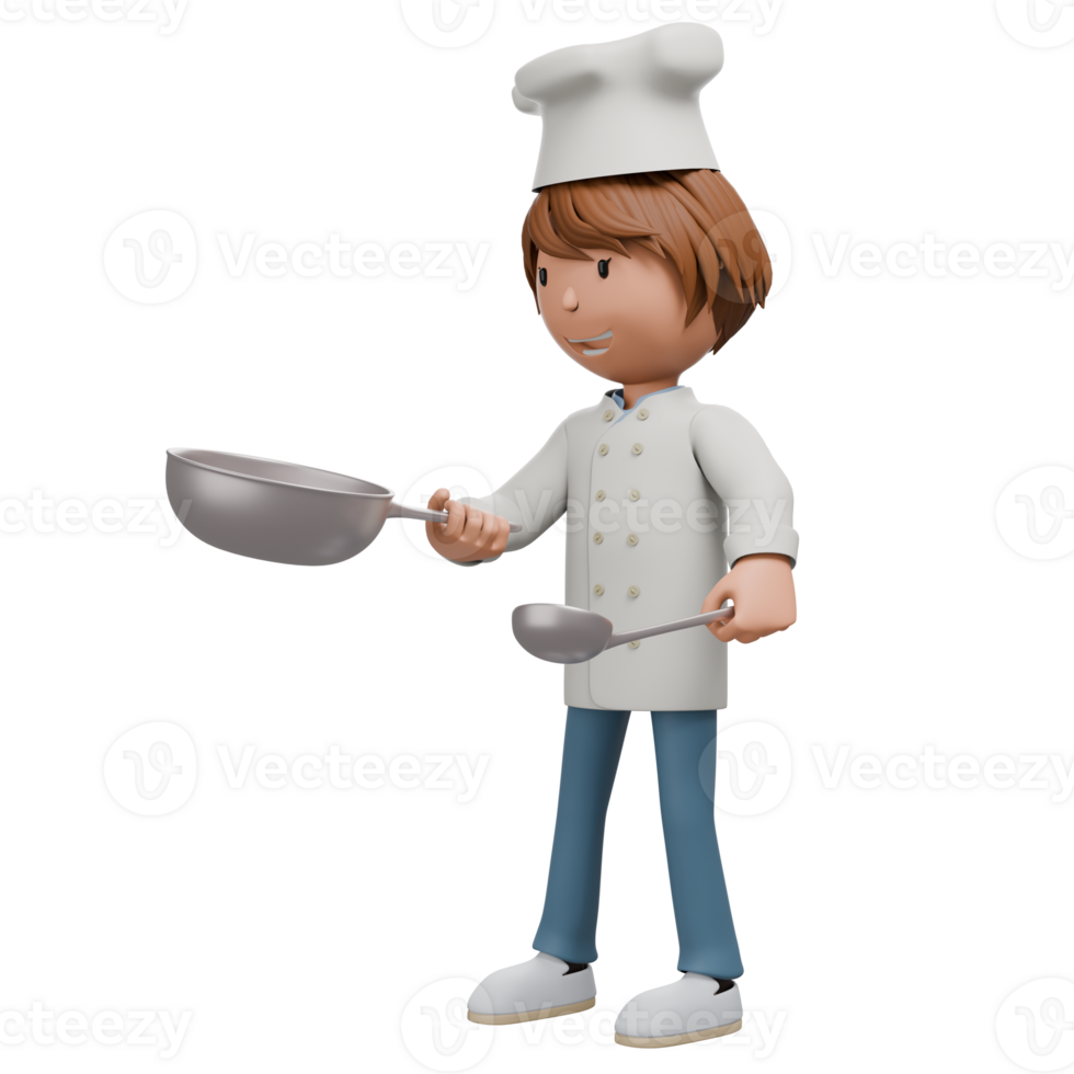 ein 3d animiert Koch halten ein Topf im einer Hand und ein Kelle im das andere, vorbereiten zu rühren Lebensmittel. er ist lächelnd, tragen ein Weiß Koch Uniform und Hut. das Bild spiegelt Kochen Aktivität. png