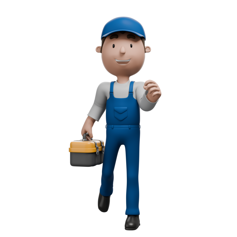 A 3D cartoon mechanic character walking confidently with a toolbox, wearing blue overalls and a smile on his face. png