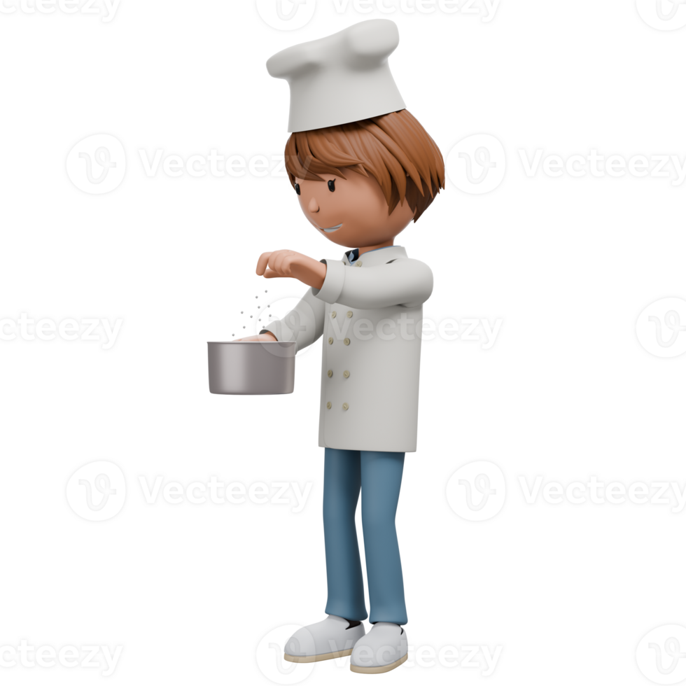A 3D cartoon chef adding seasoning into a saucepan. He is holding a pot in one hand while sprinkling salt with the other, showing precision and concentration. png